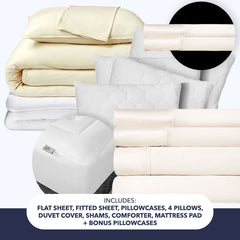 Ultimate Sleep System Bundle set includes flat sheet, fitted sheet, pillowcases, duvet cover, shams, and mattress pad on a white background.