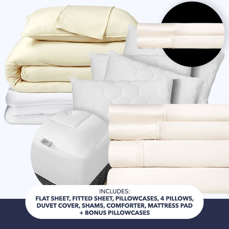 Ultimate Sleep System Bundle set includes flat sheet, fitted sheet, pillowcases, duvet cover, shams, and mattress pad on a white background.