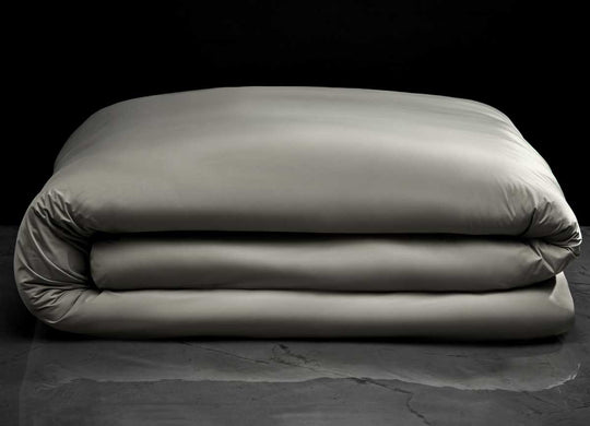 Midnight Label Duvet Cover shown folded  #choose-your-color_stone