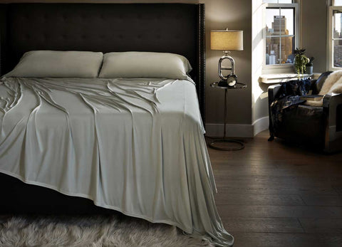  Midnight Label Sheet Set shown on bed #choose-your-color_mist-gray