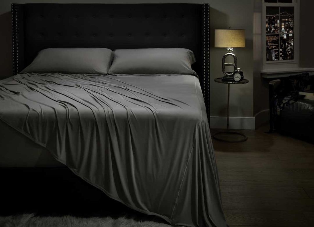 Midnight Label Sheet Set shown on bed #choose-your-color_stone