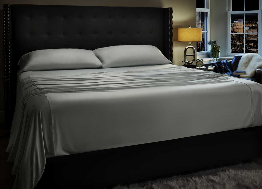 Midnight Label Sheet Set shown on bed #choose-your-color_mist-gray