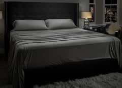 Lifestyle image of MIDNIGHT LABEL Flat Sheet shown in stone  #choose-your-color_stone