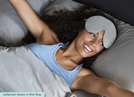 Model Wearing MIDNIGHT LABEL Cooling Sleep Mask #choose-your-color_spa-blue
