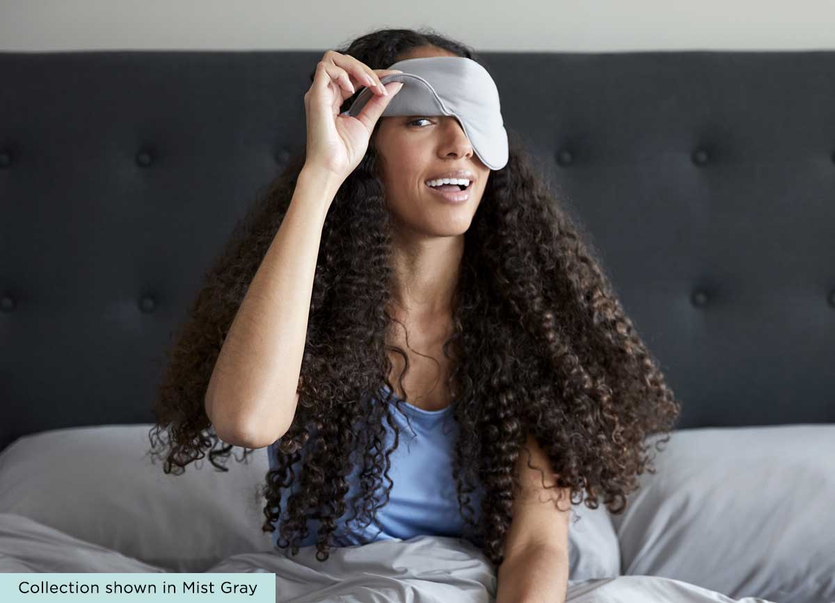Model Wearing MIDNIGHT LABEL Cooling Sleep Mask #choose-your-color_stone