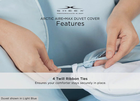 Arctic Aire Duvet Set infographic showing twill ties and hidden zipper #choose-your-color_light-blue