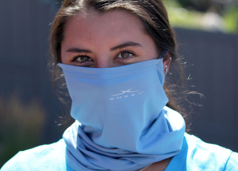 Model wearing SHEEX Gaiter in Carolina Blue #choose-your-color_carolina-blue