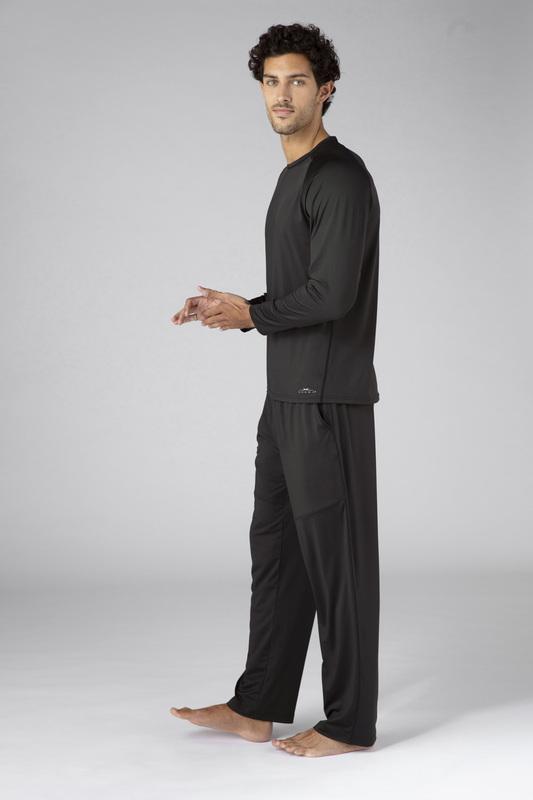 Model wearing SHEEX Men's Long Sleeve Tee in Black #choose-your-color_black