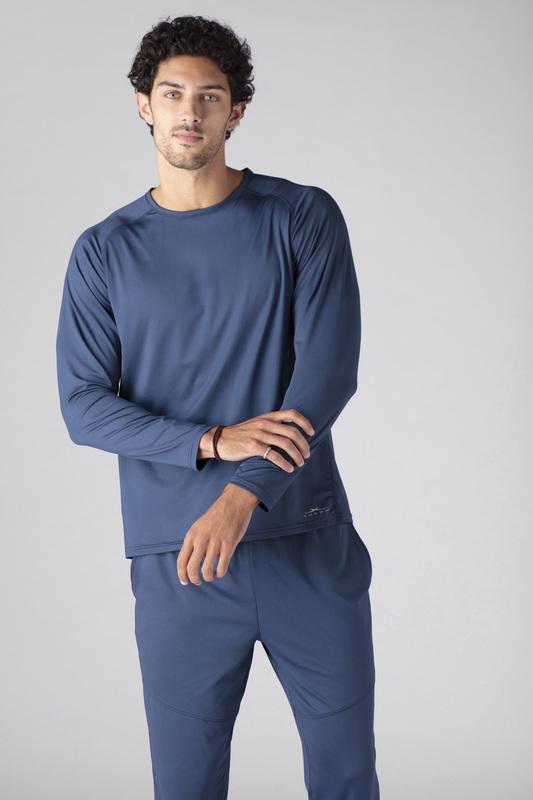 Model wearing SHEEX Men's Long Sleeve Tee in Slate Blue #choose-your-color_slate-blue