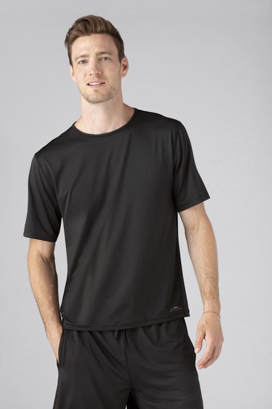Model wearing SHEEX Men's Short Sleeve Tee in Black #choose-your-color_black