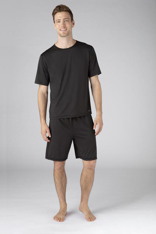 Model wearing SHEEX Men's Short Sleeve Tee in Black #choose-your-color_black