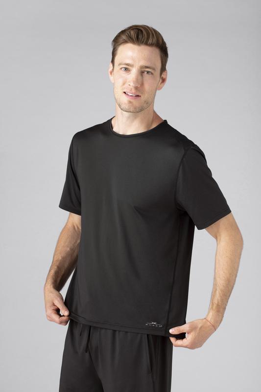 Model wearing SHEEX Men's Short Sleeve Tee in Black #choose-your-color_black