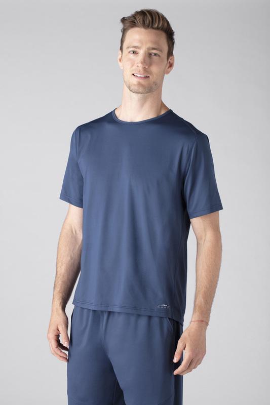 Model wearing SHEEX Men's Short Sleeve Tee in Slate Blue #choose-your-color_slate-blue