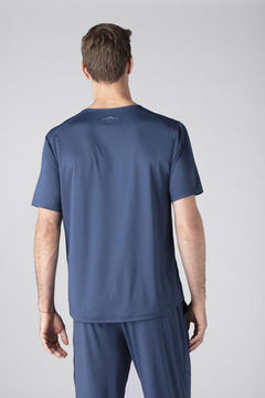 Model wearing SHEEX Men's Short Sleeve Tee in Slate Blue #choose-your-color_slate-blue