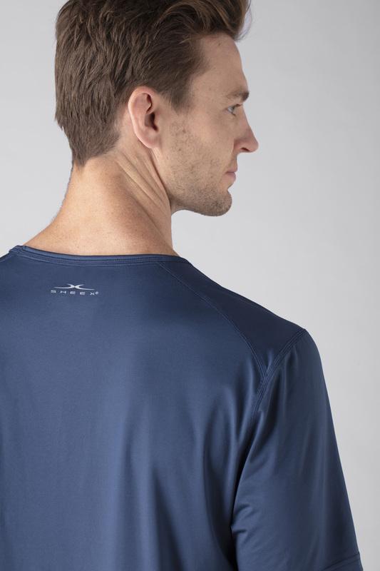 Model wearing SHEEX Men's Short Sleeve Tee in Slate Blue #choose-your-color_slate-blue