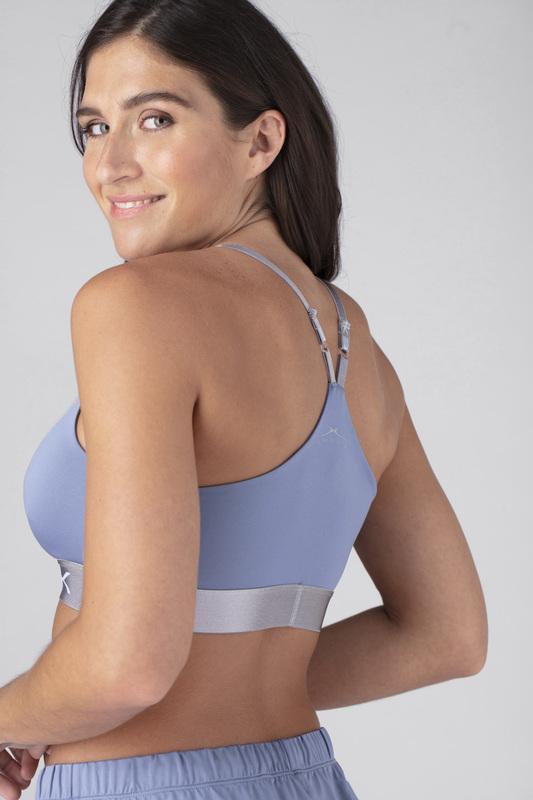 Model wearing the SHEEX Women's Bra Top in Light Blue  #choose-your-color_light-blue