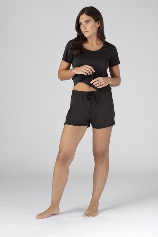 Model wearing the SHEEX Women's P.J. Shorts in black #choose-your-color_black