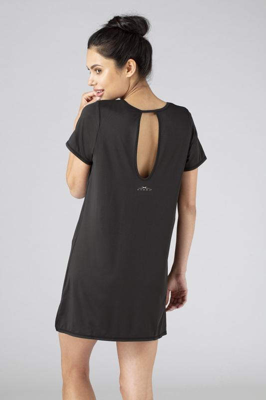 Model wearing the SHEEX Womens Keyhole Sleep Tee Dress in Black #choose-your-color_black