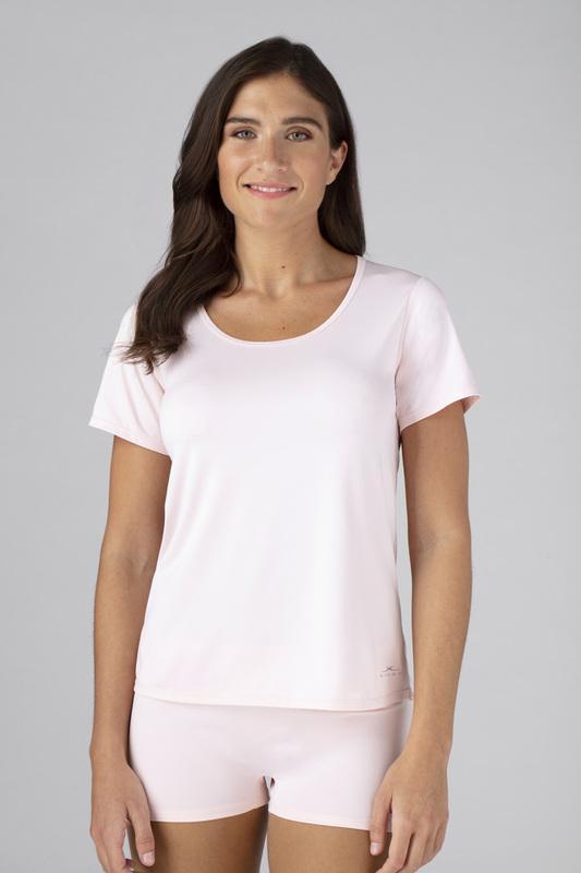 Model wearing the SHEEX Women's Cutout Tee in Blush Pink #choose-your-color_blush-pink